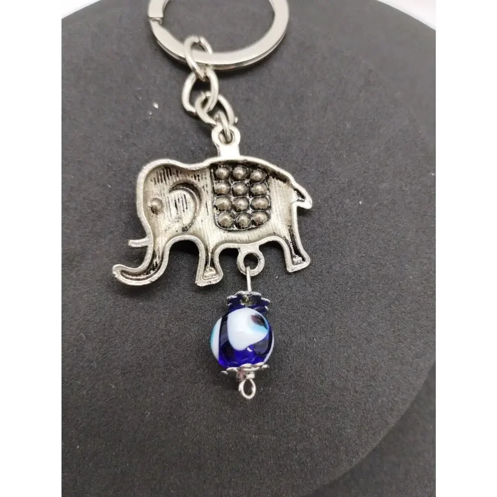 Small Elephant Keychain - Silver Tone - Blue Glass Stones